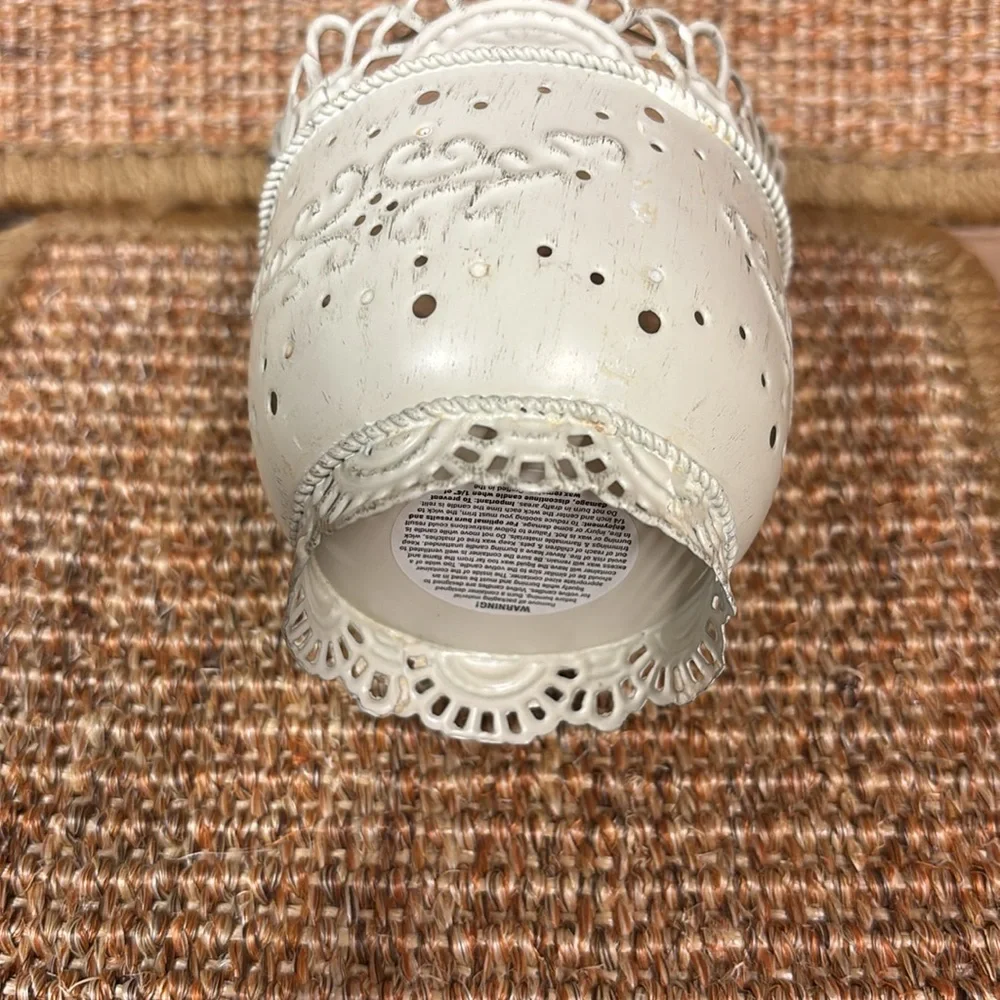 Shabby Chic Metal Candle Holder distressed ivory lace pedestal, glass votive cup
